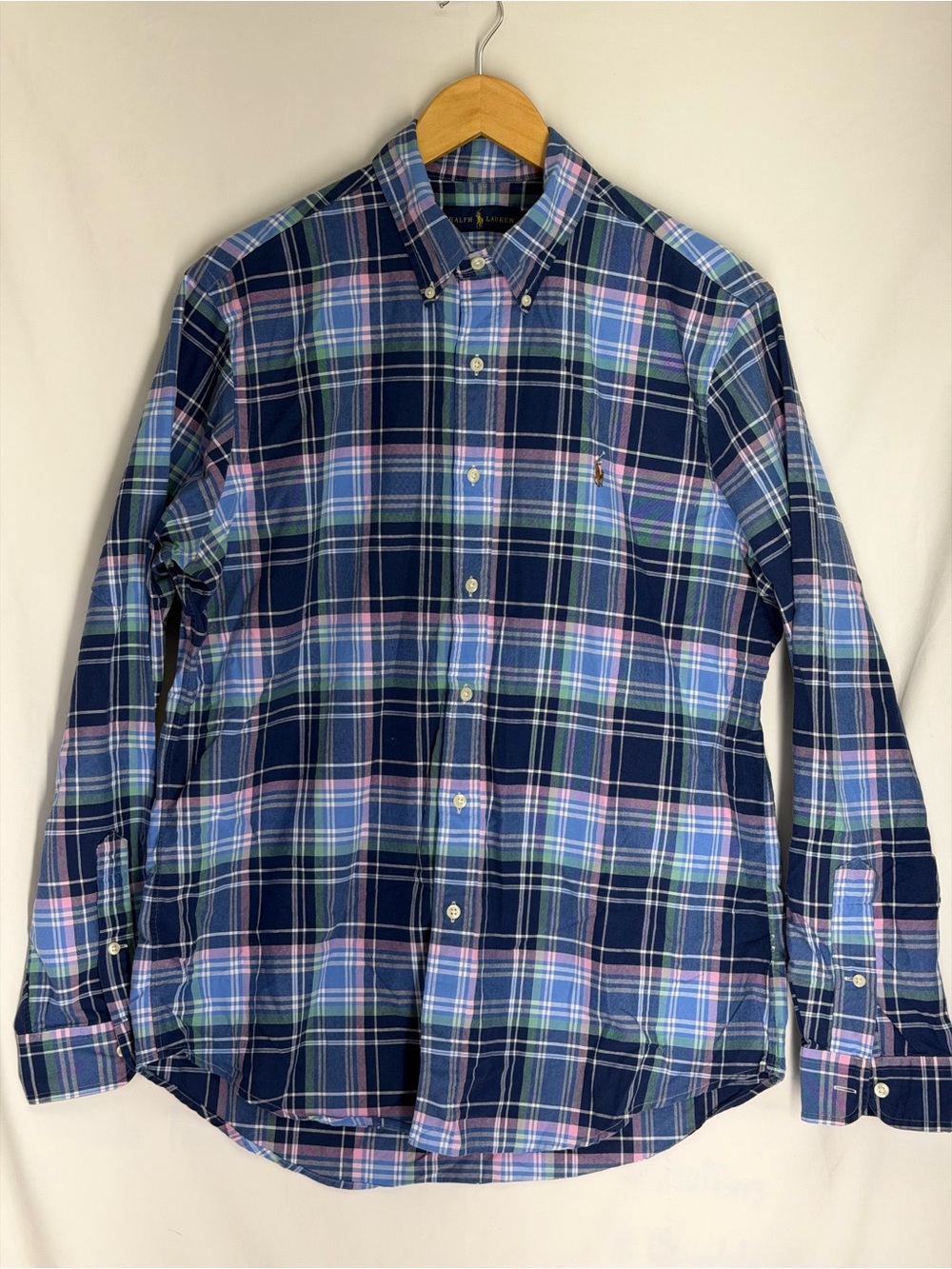 Ralph Lauren Navy Plaid Button-Down Shirt with Pink & Light Blue Accents